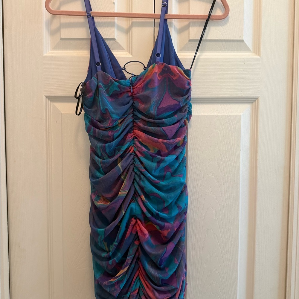 Multi-Color Ruched lace up Mini Dress - Picture 3 of 3